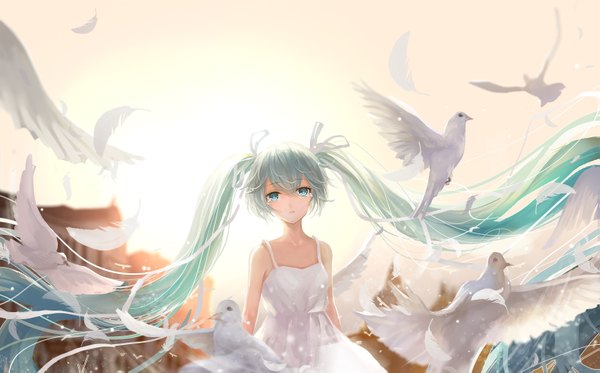 Anime picture 1535x955 with vocaloid hatsune miku wallace (artist) looking at viewer wide image standing bare shoulders very long hair aqua eyes sunlight aqua hair tears flying girl dress ribbon (ribbons) hair ribbon animal white dress bird (birds)