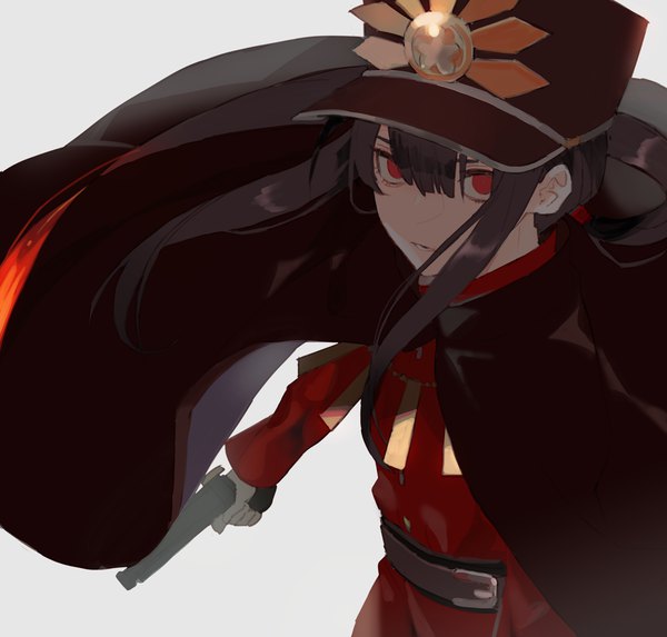 Anime picture 1030x985 with fate (series) fate/grand order oda nobukatsu (fate) kibadori rue single long hair looking at viewer fringe black hair simple background hair between eyes red eyes payot from above grey background low ponytail military boy uniform weapon