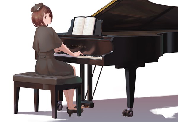 Anime picture 1500x1034 with touhou lyrica prismriver jq single looking at viewer fringe short hair simple background smile brown hair white background sitting brown eyes full body looking back bare legs alternate costume playing instrument contemporary music