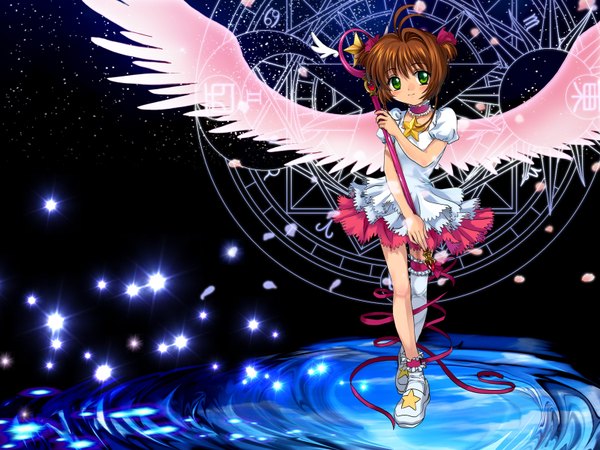 Anime picture 1600x1200 with card captor sakura clamp kinomoto sakura mutsuki (moonknives) single looking at viewer blush short hair brown hair green eyes two side up girl dress white dress hoshi no tsue