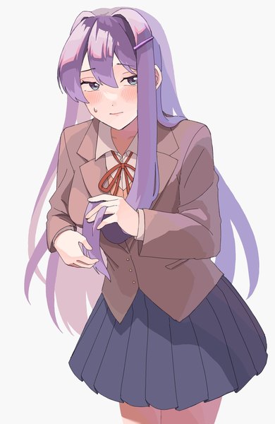 Anime picture 1332x2048 with doki doki literature club yuri (doki doki literature club) mitty3302004 single long hair tall image looking at viewer blush fringe simple background hair between eyes standing white background purple eyes purple hair long sleeves pleated skirt embarrassed sweatdrop playing with hair