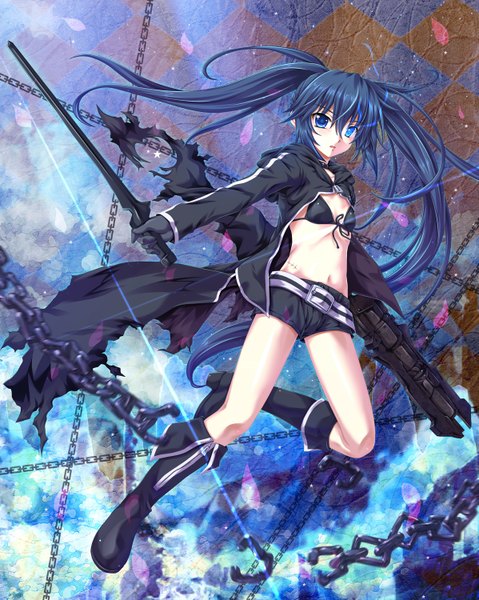 Anime picture 1197x1500 with black rock shooter black rock shooter (character) amami-masumasu single long hair tall image looking at viewer blue eyes black hair twintails heterochromia glowing glowing eye (eyes) girl gloves weapon sword shorts boots chain