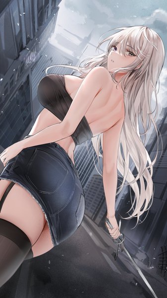 Anime picture 2304x4096 with original lillly single long hair tall image fringe highres light erotic hair between eyes standing purple eyes bare shoulders holding silver hair outdoors ass parted lips looking back wind from below