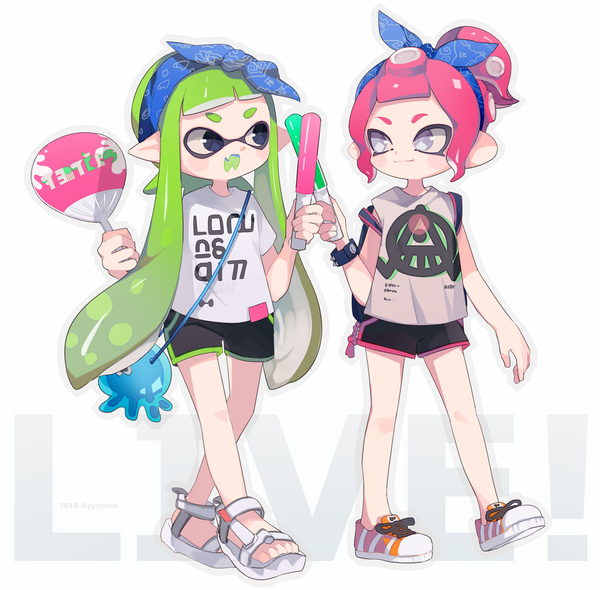 Anime picture 1016x1000 with splatoon splatoon 2 nintendo inkling octoling captain yue long hair fringe short hair open mouth simple background white background multiple girls pink hair full body ponytail green hair pointy ears black eyes grey eyes