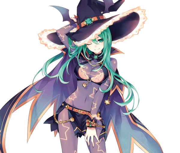 Anime-Bild 1600x1360 mit date a live natsumi (date a live) tsunako single long hair looking at viewer breasts light erotic large breasts standing green eyes cleavage one eye closed light smile wink aqua hair official art transparent background hand on head witch