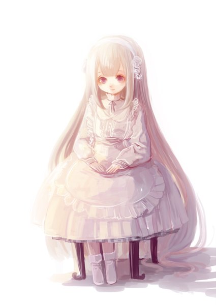 Anime picture 1000x1410 with original aka tonbo (lovetow) tall image simple background blonde hair white background sitting purple eyes very long hair loli girl dress hairband white dress