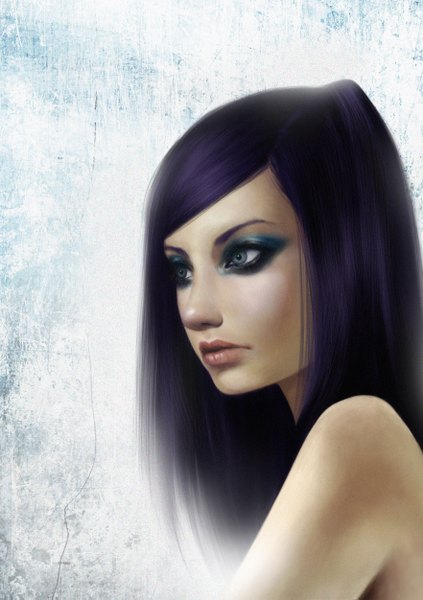 Anime picture 1763x2501 with ergo proxy re-l mayer shilesque single long hair tall image highres blue eyes looking away purple hair lips realistic makeup girl
