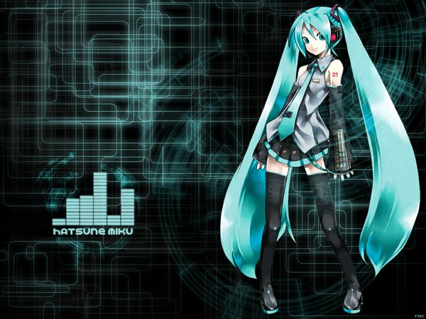 Anime picture 1152x864 with vocaloid hatsune miku twintails bare shoulders pleated skirt zettai ryouiki posing girl necktie thigh boots