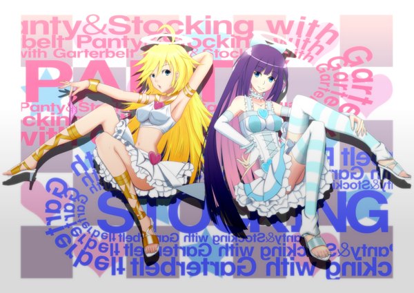 Anime picture 1403x992 with panty & stocking with garterbelt anarchy stocking anarchy panty long hair blue eyes blonde hair multiple girls green eyes purple hair multicolored hair two-tone hair colored inner hair girl thighhighs 2 girls striped thighhighs