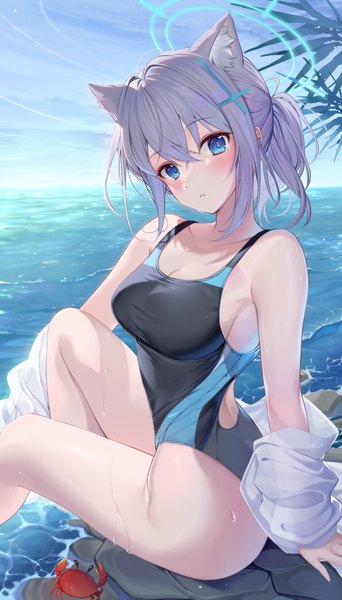 Anime picture 2093x3676 with blue archive shiroko (blue archive) shiroko (swimsuit) (blue archive) ion (on01e) single tall image looking at viewer blush fringe highres short hair blue eyes light erotic hair between eyes sitting animal ears sky ponytail grey hair wet
