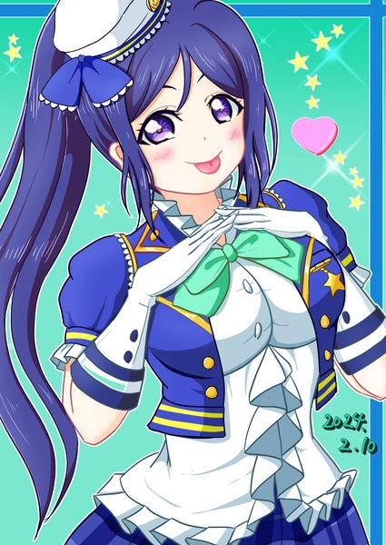 Anime picture 4299x6071 with love live! sunshine!! sunrise (studio) love live! matsuura kanan makotama777 single long hair tall image looking at viewer blush highres smile standing purple eyes absurdres purple hair upper body ponytail arms up sparkle