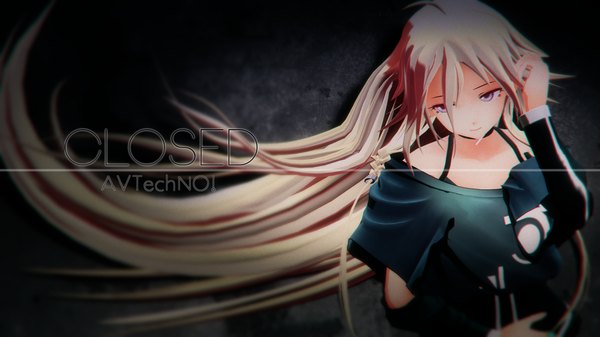 Anime picture 1920x1080 with vocaloid ia (vocaloid) single long hair highres blonde hair smile wide image purple eyes bare shoulders looking away long sleeves wind adjusting hair dark background girl blood