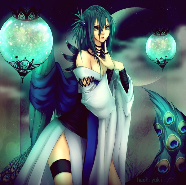 Anime picture 1180x1176 with original hachiyuki single bare shoulders green eyes green hair crescent girl hair ornament wings feather (feathers) lamp peacock