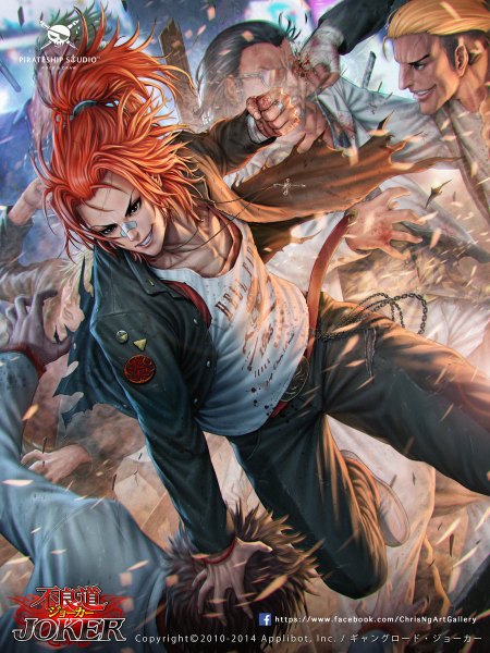 Anime picture 900x1200 with joker ~gang road~ chrisnfy85 long hair tall image black hair blonde hair smile brown eyes ponytail lips orange hair inscription open clothes open jacket torn clothes fighting stance battle bandaid on nose boy glasses