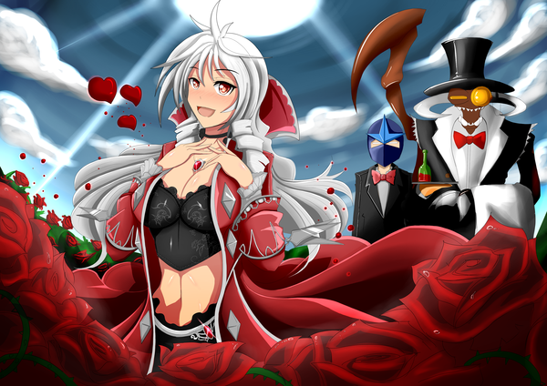 Anime picture 2455x1736 with league of legends vladimir (league of legends) shen (league of legends) cho'gath (league of legends) torahime (roland00) long hair blush highres smile red eyes silver hair genderswap monster boy girl boy monster ninja tuxedo