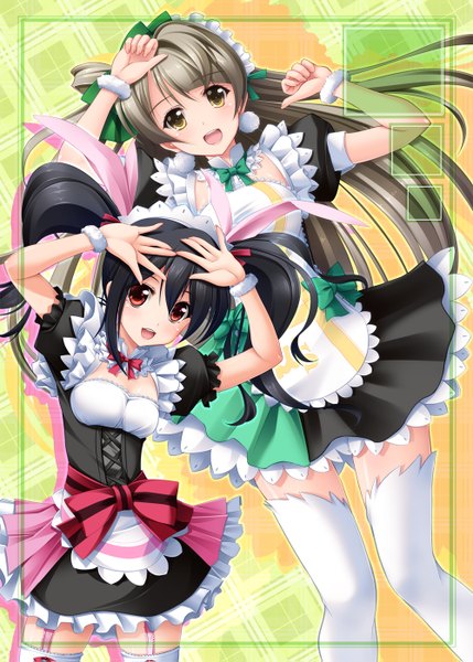 Anime picture 1000x1399 with love live! school idol project sunrise (studio) love live! yazawa nico minami kotori jindai mai long hair tall image looking at viewer blush fringe open mouth black hair smile red eyes twintails multiple girls yellow eyes grey hair arms up