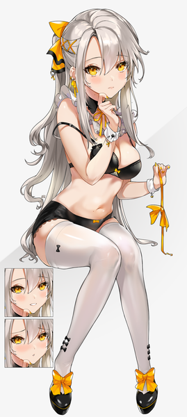 Anime picture 1124x2500 with original alraco long hair tall image looking at viewer blush fringe breasts light erotic simple background hair between eyes sitting bare shoulders holding yellow eyes cleavage silver hair full body nail polish arm up