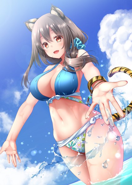 Anime picture 1464x2048 with original midoriiro no shinzou single long hair tall image blush fringe breasts open mouth light erotic hair between eyes red eyes large breasts animal ears sky cloud (clouds) tail animal tail grey hair wet