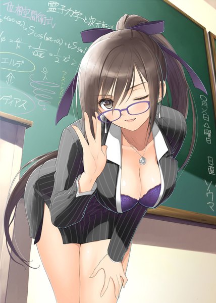 Anime picture 1300x1820 with shining (series) shining blade maxima enfield tony taka single long hair tall image looking at viewer blush fringe breasts open mouth light erotic black hair smile hair between eyes large breasts cleavage ponytail indoors