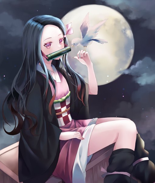 Anime picture 3400x4000 with kimetsu no yaiba ufotable kamado nezuko ryoung single long hair tall image looking at viewer highres black hair sitting holding pink hair absurdres cloud (clouds) outdoors nail polish traditional clothes japanese clothes multicolored hair
