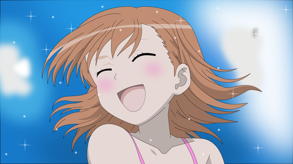 Anime picture 1920x1080 with to aru kagaku no railgun j.c. staff misaka mikoto single blush highres short hair open mouth brown hair wide image eyes closed happy close-up blue background vector girl