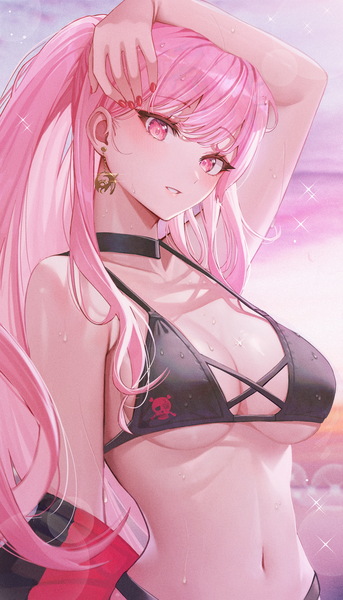 Anime picture 2894x5068 with virtual youtuber hololive hololive english mori calliope sanada keisui single long hair tall image looking at viewer blush fringe highres breasts light erotic large breasts pink hair sky upper body ponytail nail polish