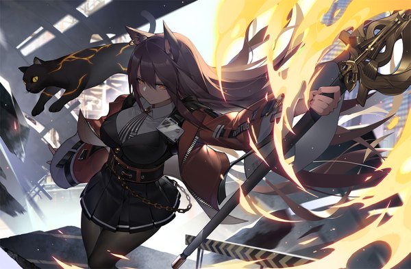 Anime picture 1403x920 with arknights skyfire (arknights) calder single long hair looking at viewer fringe breasts hair between eyes brown hair large breasts standing holding animal ears payot pleated skirt from above wind cat ears wide sleeves