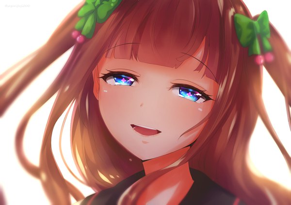 Anime picture 1800x1272 with virtual youtuber .live kakyouin chieri sagarifuji000 single long hair looking at viewer blush fringe highres open mouth blue eyes simple background smile brown hair white background upper body blunt bangs parted lips head tilt