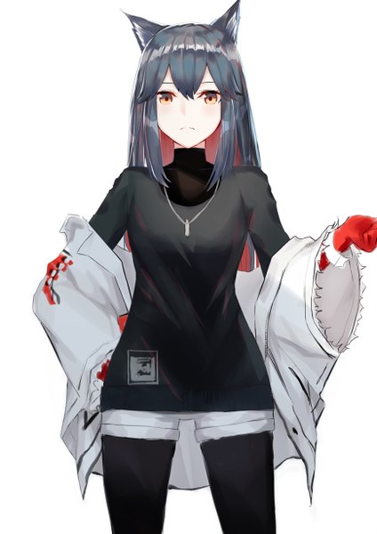 Anime picture 868x1228 with arknights texas (arknights) liangfen232 single long hair tall image looking at viewer blush fringe black hair simple background hair between eyes standing white background brown eyes animal ears payot red hair long sleeves multicolored hair