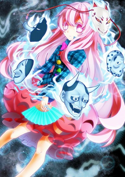 Anime picture 724x1024 with touhou hata no kokoro kyouda suzuka single long hair tall image looking at viewer pink hair pink eyes glowing girl mask fan fox mask demon mask tengu mask