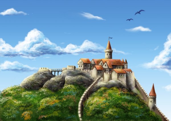 Anime picture 1488x1053 with original pixx 73 (artist) sky cloud (clouds) animal bird (birds) castle