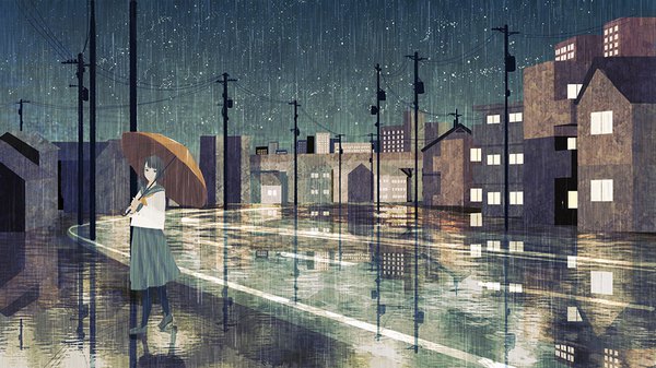 Anime picture 960x540 with original craft-cs single looking at viewer fringe short hair black hair wide image standing holding full body outdoors pleated skirt black eyes night night sky reflection rain girl skirt