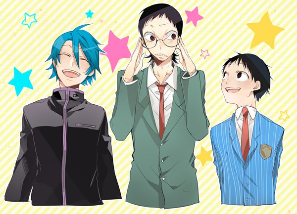 Anime picture 970x701 with yowamushi pedal sangaku manami midousuji akira onoda sakamichi yomimatigai short hair open mouth black hair blue hair looking away ahoge eyes closed black eyes multiple boys hands behind back cosplay costume switch boy uniform school uniform