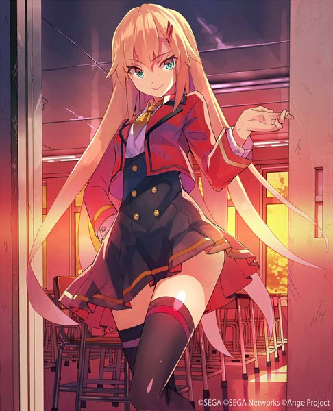 Anime picture 810x1000 with ange vierge yasumo (kuusouorbital) single long hair tall image looking at viewer blue eyes blonde hair smile girl thighhighs uniform black thighhighs school uniform desk