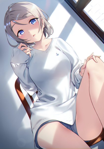 Anime picture 1755x2500 with love live! sunshine!! sunrise (studio) love live! watanabe you yamaori (yamaorimon) single tall image looking at viewer blush fringe highres short hair open mouth blue eyes sitting silver hair bent knee (knees) indoors long sleeves dutch angle