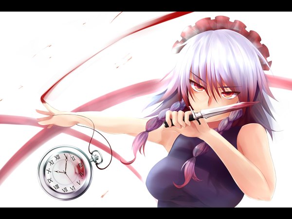 Anime picture 1600x1200 with touhou izayoi sakuya single short hair red eyes white hair girl headdress maid headdress blood clock pocket watch