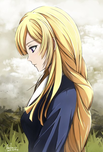 Anime picture 1000x1466 with mobile suit gundam gundam tekketsu no orphans sunrise (studio) kudelia aina bernstein kem kem single long hair tall image fringe blonde hair purple eyes signed payot cloud (clouds) upper body braid (braids) profile dated looking down girl