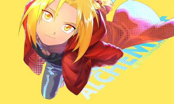 Anime picture 1667x998 with fullmetal alchemist studio bones edward elric holy pumpkin single long hair looking at viewer simple background blonde hair wide image yellow eyes braid (braids) from above copyright name single braid yellow background boy cloak