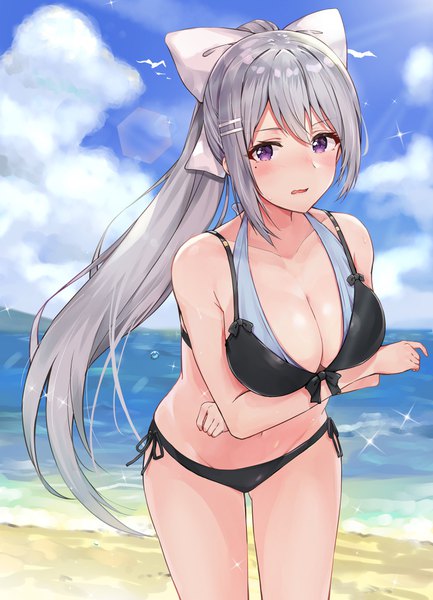 Anime picture 2881x3990 with virtual youtuber nijisanji higuchi kaede racchi. single long hair tall image looking at viewer blush fringe highres breasts open mouth light erotic hair between eyes large breasts standing purple eyes payot sky