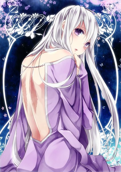 Anime picture 700x993 with original inma r. single long hair tall image blush bare shoulders white hair parted lips pink eyes looking back night night sky scar bare back girl dress flower (flowers) petals