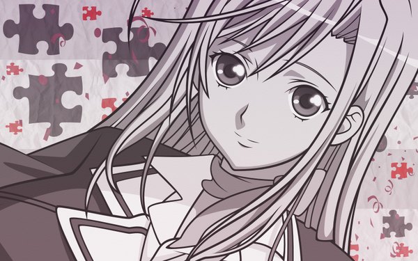 Anime picture 1680x1050 with princess lover charlotte hazellink single long hair looking at viewer wide image light smile monochrome portrait partially colored girl