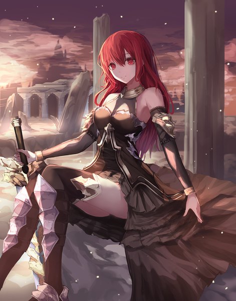 Anime picture 1000x1272 with original yohaku single long hair tall image looking at viewer fringe hair between eyes red eyes sitting bare shoulders holding bent knee (knees) red hair light smile sunlight outstretched arm ruins girl dress