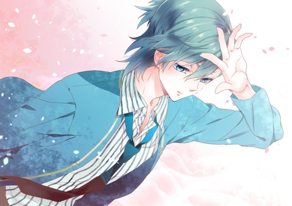 Anime picture 1500x1059 with uta no prince-sama a-1 pictures mikaze ai sinwa (tamaki) single fringe short hair blue eyes simple background hair between eyes upper body ponytail parted lips wind aqua hair gradient background looking down striped pink background boy
