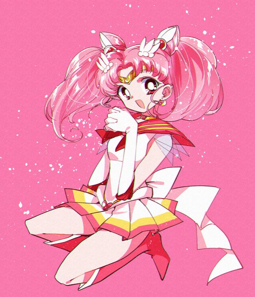 Anime picture 4173x4854 with bishoujo senshi sailor moon toei animation chibiusa sailor chibi moon super sailor chibi moon pochi (askas is god) single long hair tall image looking at viewer highres open mouth simple background red eyes twintails pink hair absurdres full body :d hair bun (hair buns)