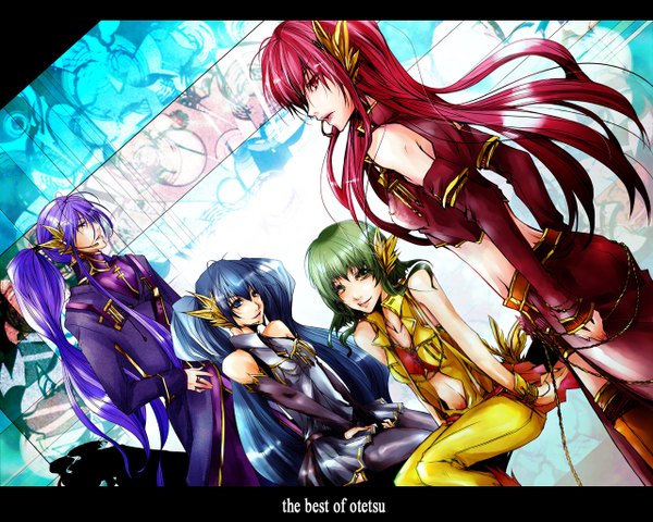 Anime picture 1280x1024 with vocaloid hatsune miku megurine luka gumi kamui gakupo riria009 long hair short hair blue eyes red eyes standing sitting purple eyes twintails bare shoulders multiple girls green eyes blue hair pink hair purple hair