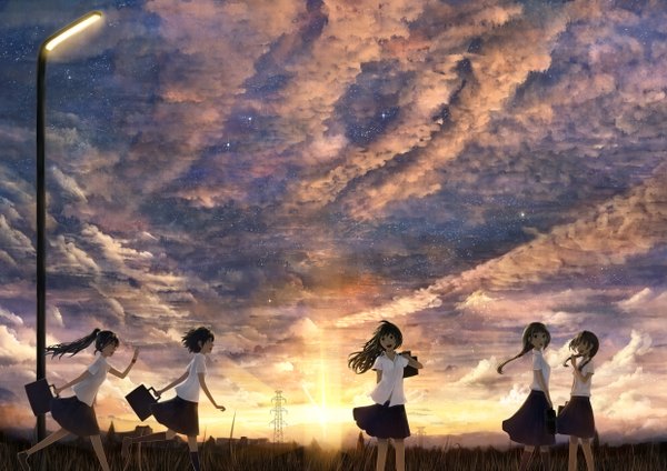 Anime picture 2480x1753 with original bounin long hair fringe highres short hair open mouth standing multiple girls holding sky cloud (clouds) braid (braids) twin braids single braid evening happy sunset scenic running