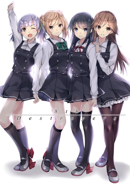 Anime picture 1240x1754 with kantai collection asashio destroyer arashio destroyer ooshio destroyer michishio destroyer kobayashi chisato long hair tall image looking at viewer blush fringe short hair open mouth black hair simple background smile brown hair standing white background twintails