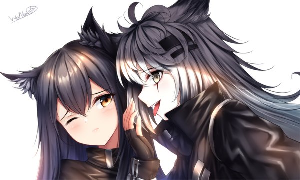 Anime picture 1600x960 with arknights texas (arknights) lappland (arknights) wsman long hair looking at viewer blush fringe open mouth black hair simple background hair between eyes wide image white background multiple girls signed animal ears yellow eyes looking away silver hair
