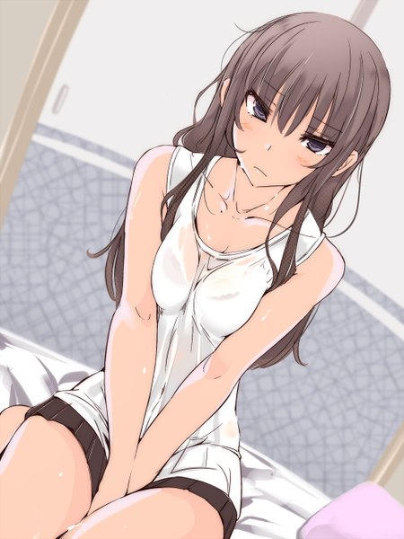 Anime picture 998x1331 with original touma raito single long hair tall image looking at viewer blush fringe breasts brown hair brown eyes pleated skirt breast press girl skirt