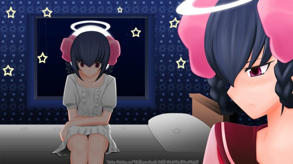 Anime picture 1920x1080 with kami nomi zo shiru sekai diana (kaminomi) highres short hair black hair wide image sitting pink eyes girl star (symbol) bed halo